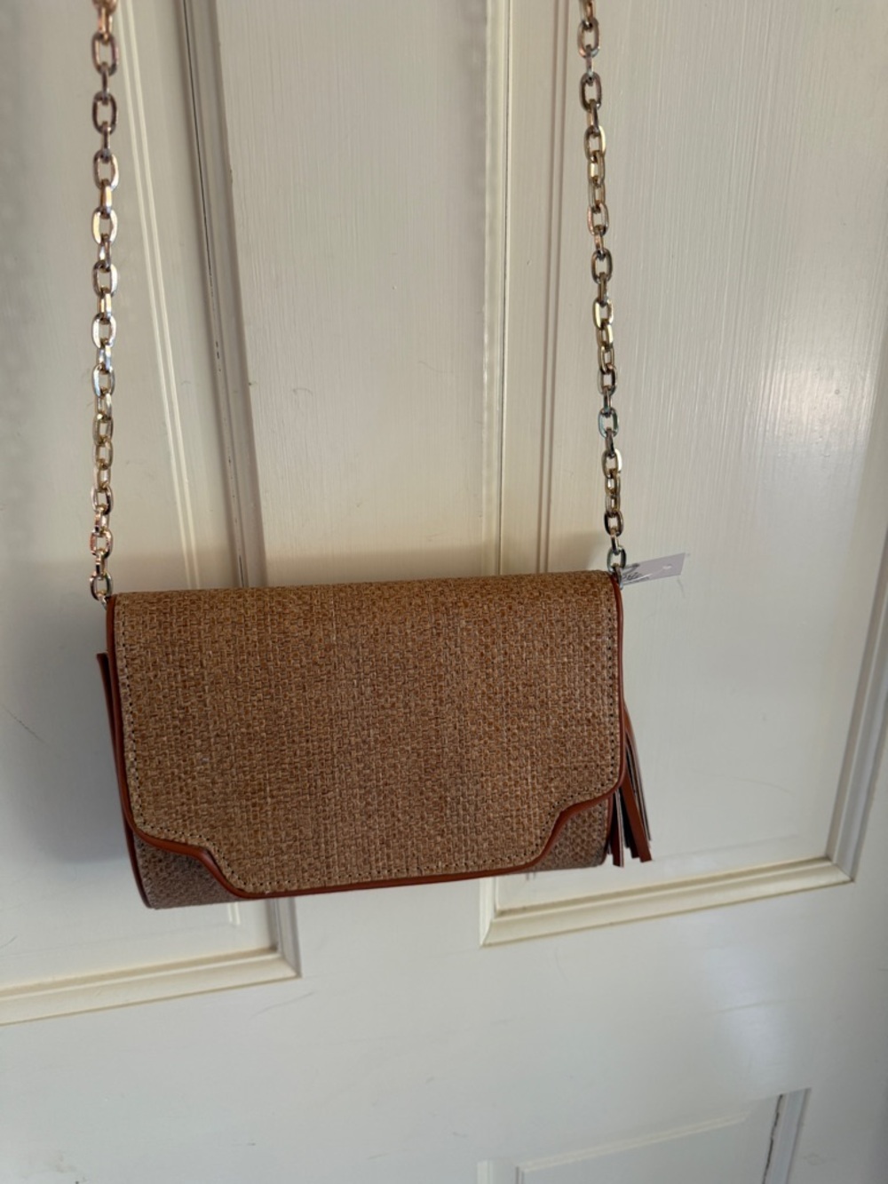 Woven Brown Crossbody Bag with Gold Chain Strap